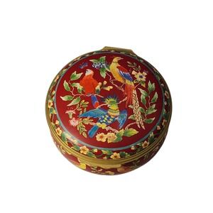 Vintage Halcyon Days Enamel Red Parrot Birds round trinket box